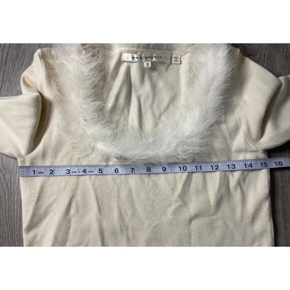 Max Studio Cream Knit Silk Blend Fitted Top with Feathery Boa Neckline Sz S - Picture 6 of 9